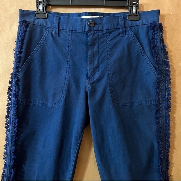 Tory Burch | Fringe Trim Side Stripe Cropped Chino Pants Navy Sea Size 27 - Picture 4 of 15